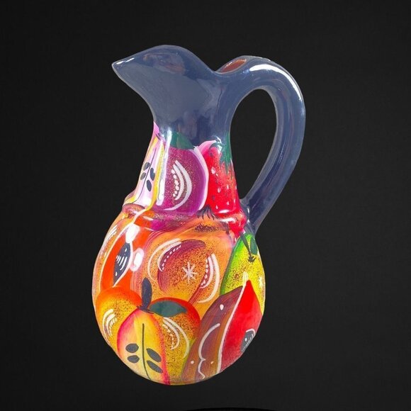 Mexican Pottery Pitcher Multi Color Colourful Deco Glitter 9”T Painted Crafted - Picture 1 of 10